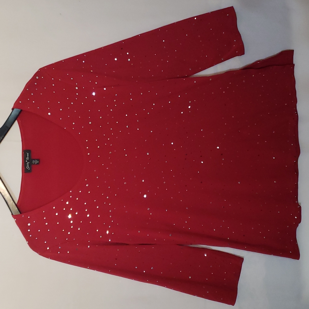 Slinky Brand Anti Wrinkle Red Blouse With  Mirrored Jewels .